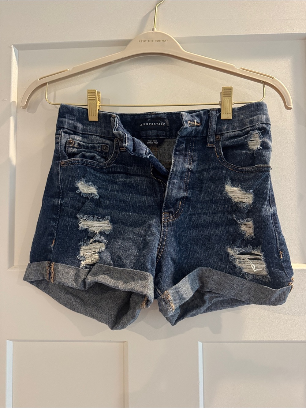 Aeropostale Dark Blue Distressed Rolled Hem Denim Shorts